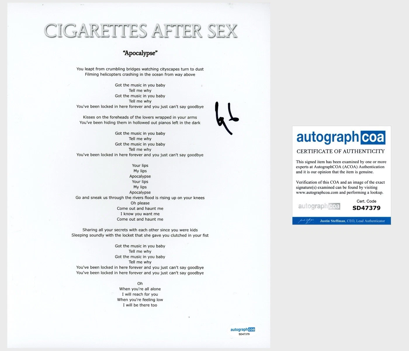 Greg Gonzalez ‘Cigarettes After Sex’ Band Lead Singer Signed Lyric Sheet ACOA