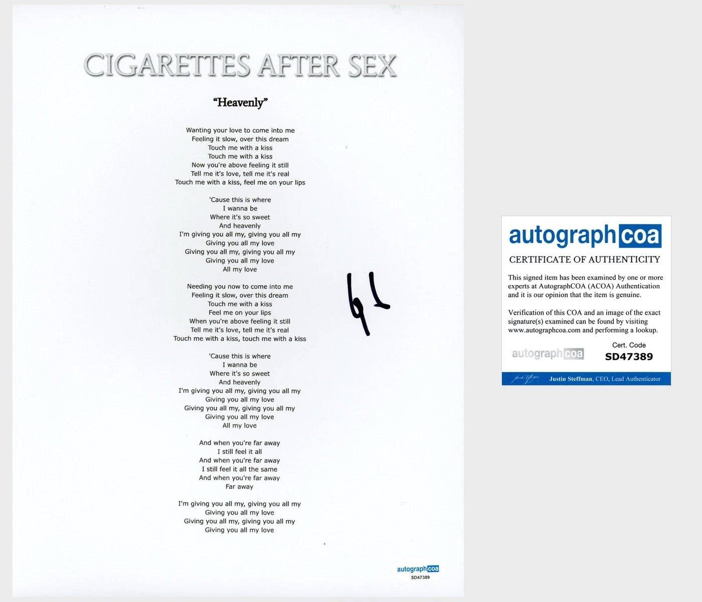 Greg Gonzalez ‘Cigarettes After Sex’ Band Lead Singer Signed Lyric Sheet ACOA