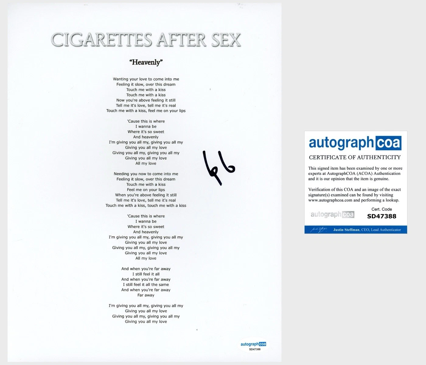 Greg Gonzalez ‘Cigarettes After Sex’ Band Lead Singer Signed Lyric Sheet ACOA