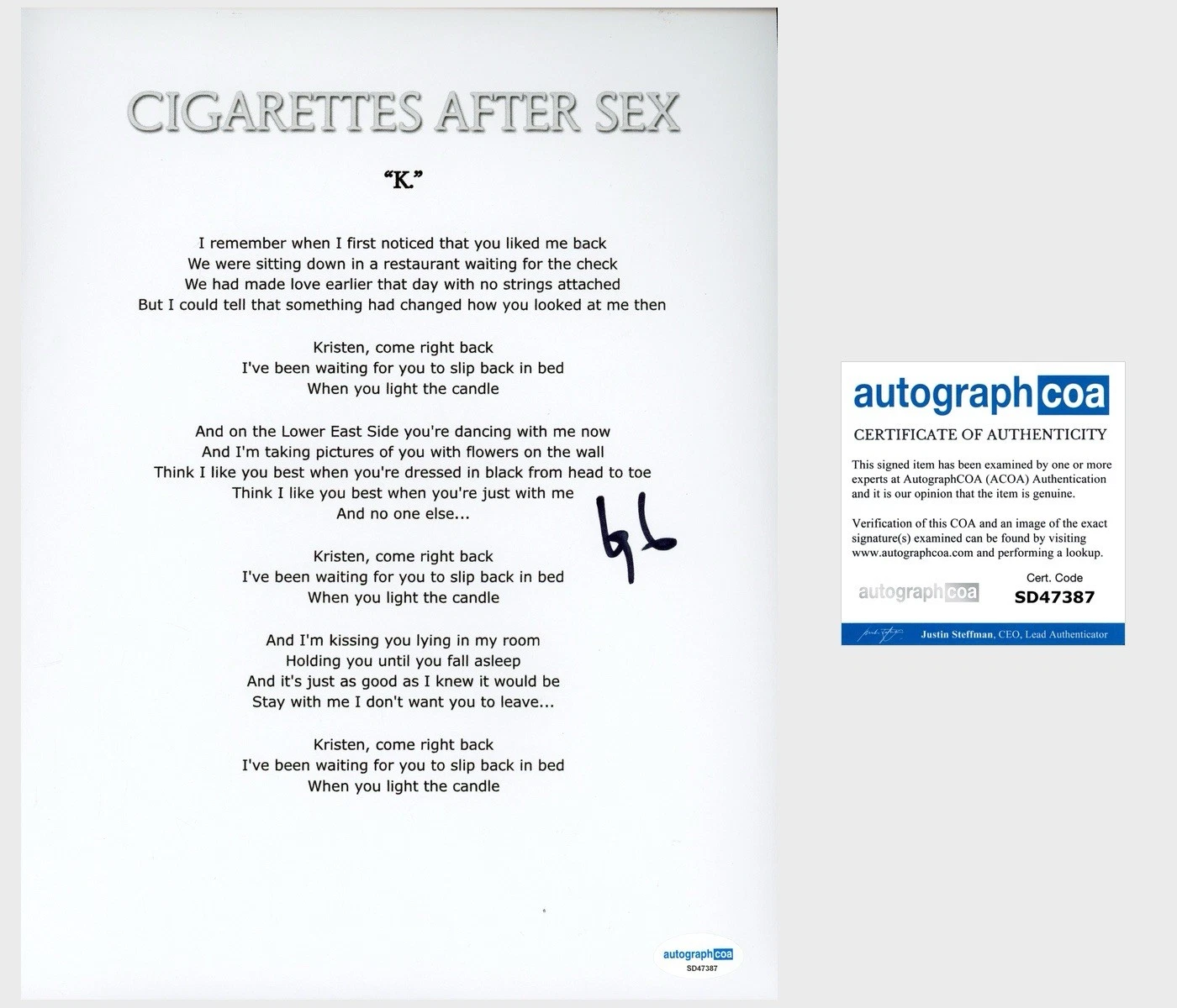 Greg Gonzalez ‘Cigarettes After Sex’ Band Lead Singer Signed Lyric Sheet ACOA