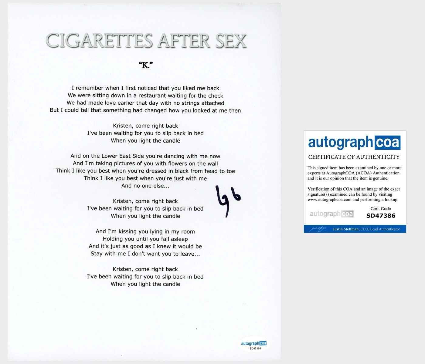 Greg Gonzalez ‘Cigarettes After Sex’ Band Lead Singer Signed Lyric Sheet ACOA
