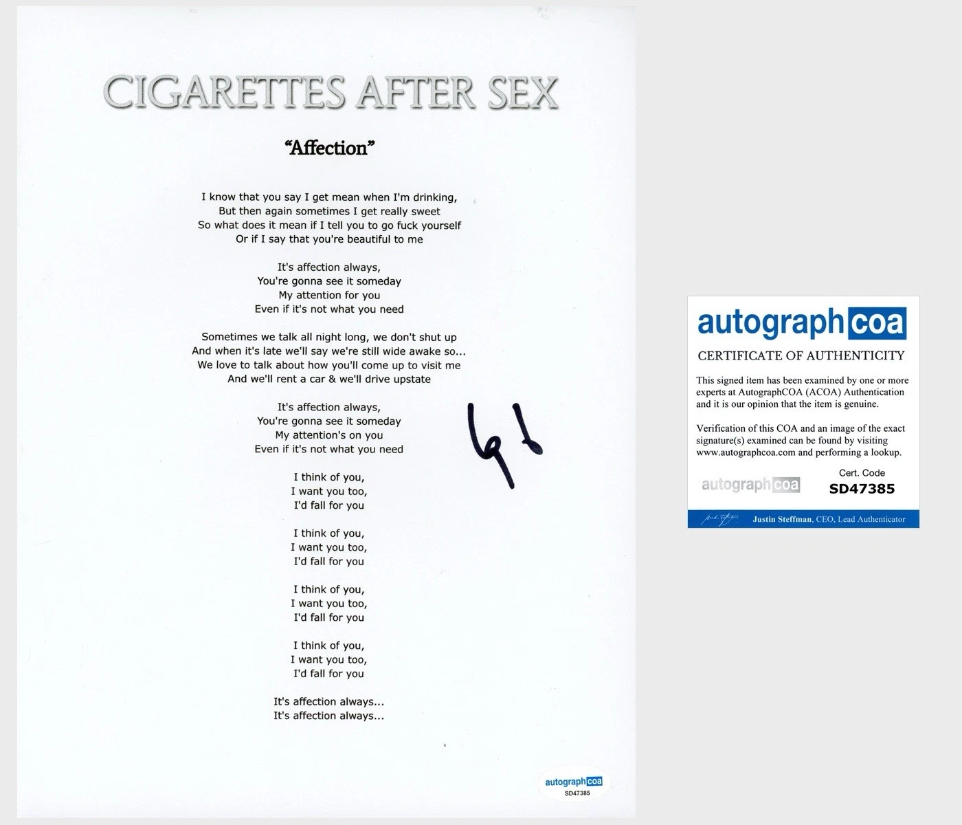 Greg Gonzalez ‘Cigarettes After Sex’ Band Lead Singer Signed Lyric Sheet ACOA