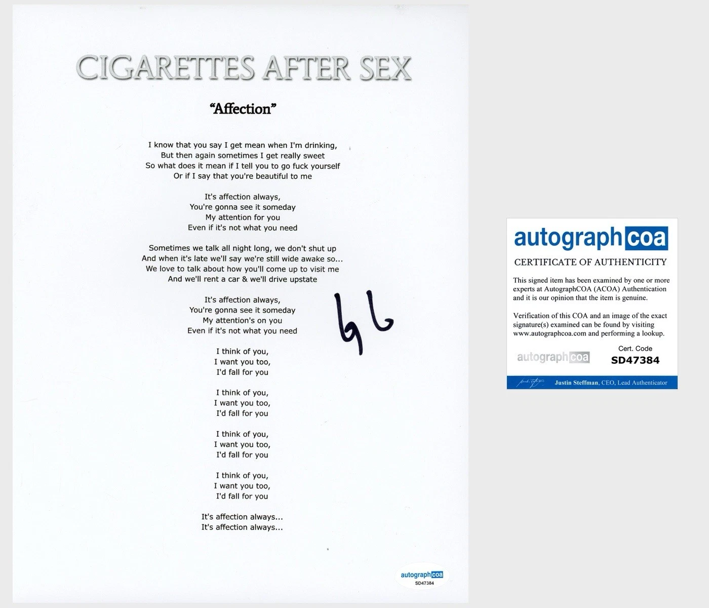 Greg Gonzalez ‘Cigarettes After Sex’ Band Lead Singer Signed Lyric Sheet ACOA