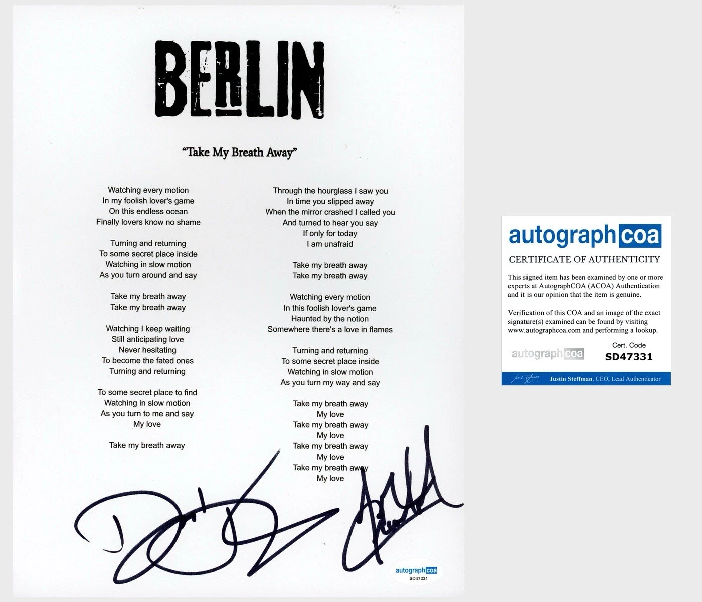 ‘JOHN CRAWFORD & DAVID DIAMOND’ ‘BERLIN’ BAND SIGNED LYRIC SHEET ACOA COLLECTIBLE MEMORABILIA