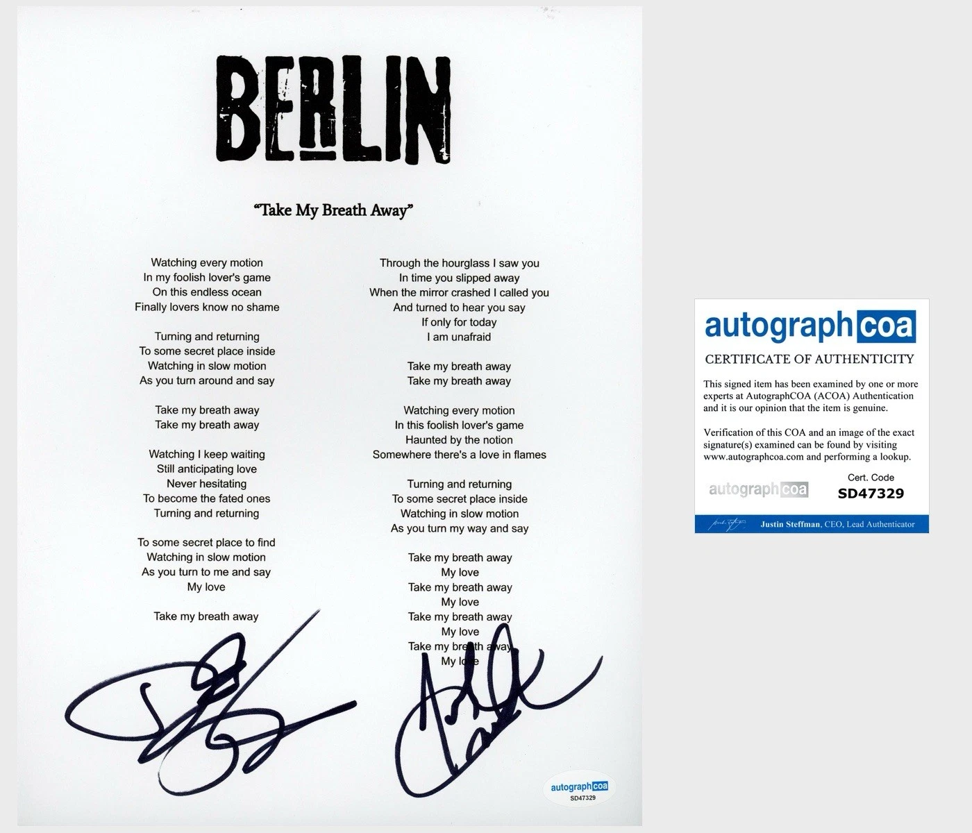 ‘JOHN CRAWFORD & DAVID DIAMOND’ ‘BERLIN’ BAND SIGNED LYRIC SHEET ACOA COLLECTIBLE MEMORABILIA