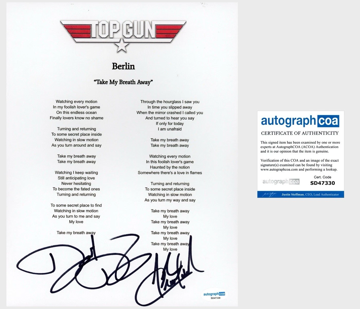 ‘JOHN CRAWFORD & DAVID DIAMOND’ ‘BERLIN’ BAND SIGNED LYRIC SHEET ACOA COLLECTIBLE MEMORABILIA