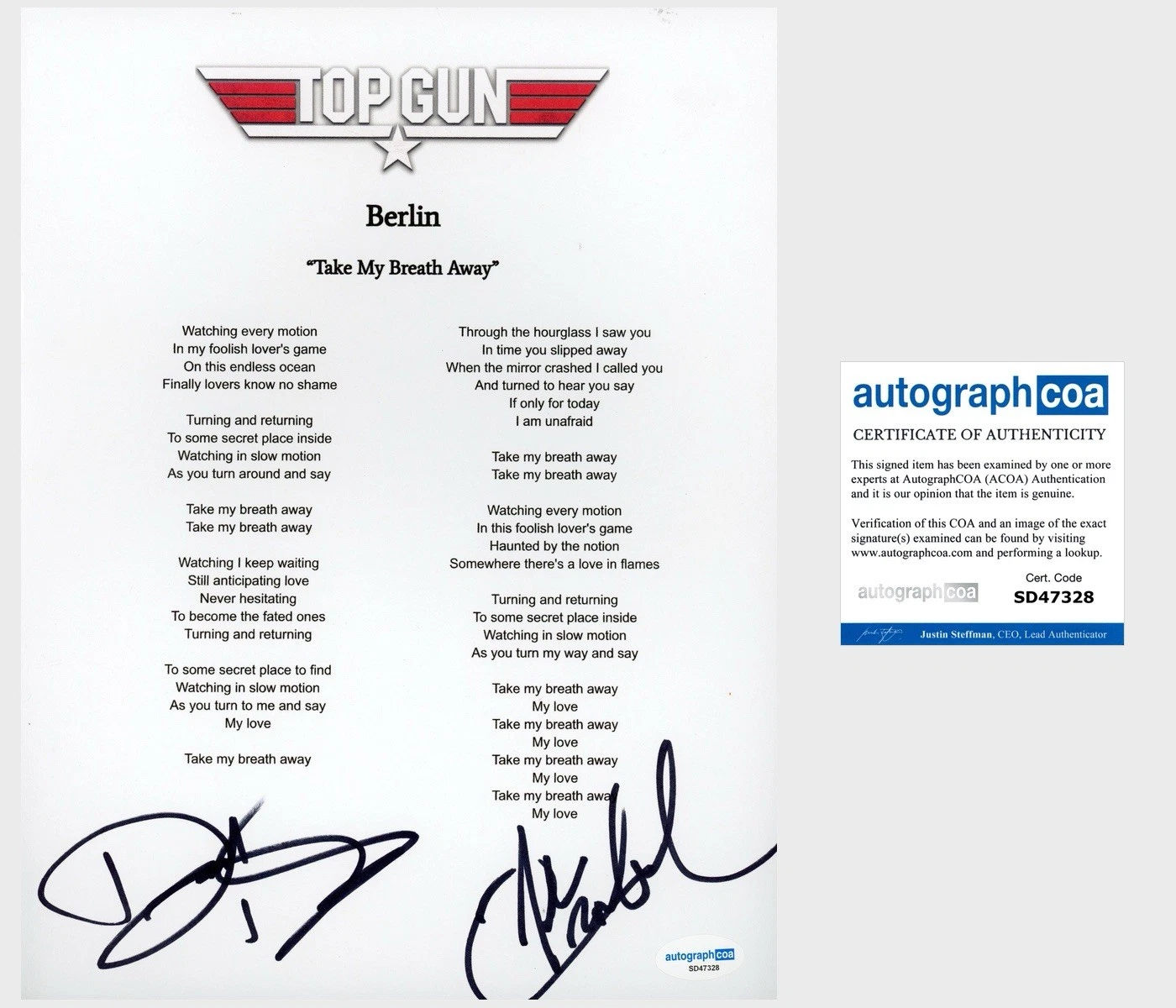 ‘John Crawford & David Diamond’ ‘Berlin’ Band Signed Lyric Sheet ACOA