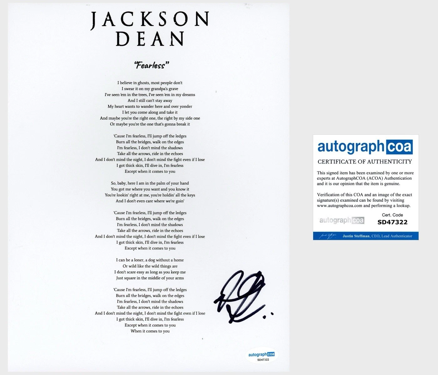 Jackson Dean ‘Fearless’ Country Singer Signed Lyric Sheet Music ACOA