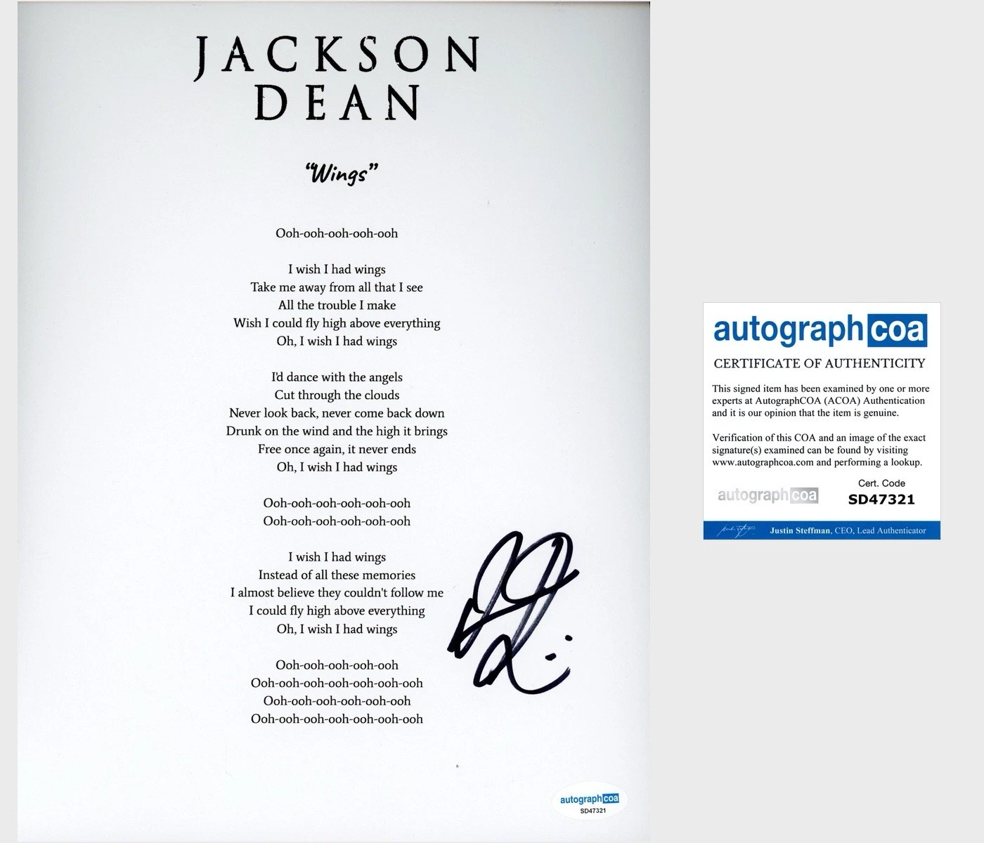 Jackson Dean ‘Wings’ Country Singer Signed Lyric Sheet Music ACOA