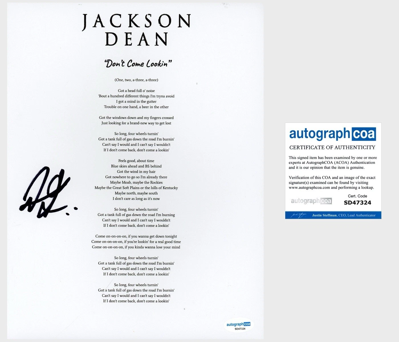 Jackson Dean ‘Don’t Come Lookin’ Country Singer Signed Lyric Sheet Music ACOA