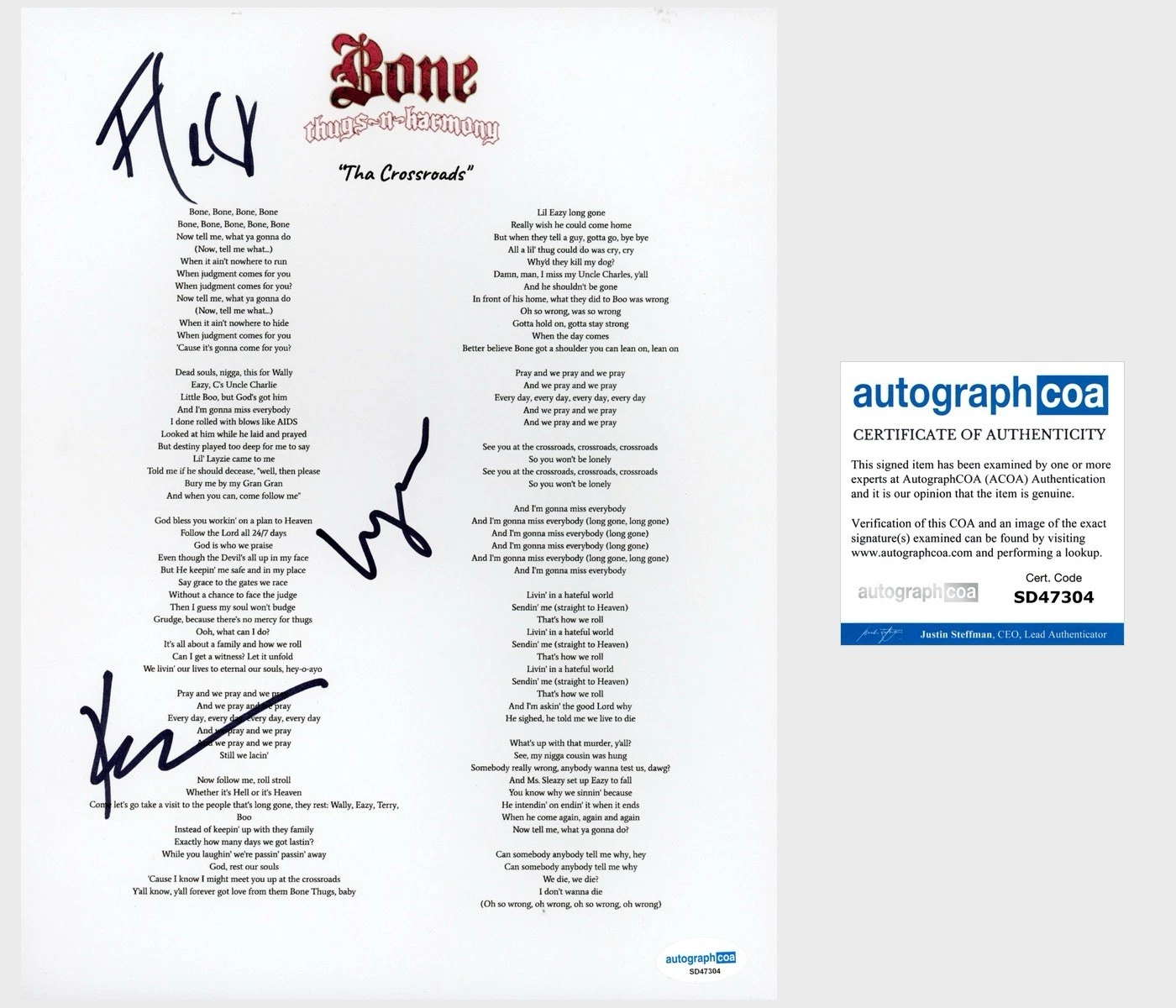 ‘BONE THUGS N HARMONY’ SIGNED LYRIC SHEET ‘KRAYZIE, LAYZIE, & FLESH’ ACOA RAP COLLECTIBLE MEMORABILIA