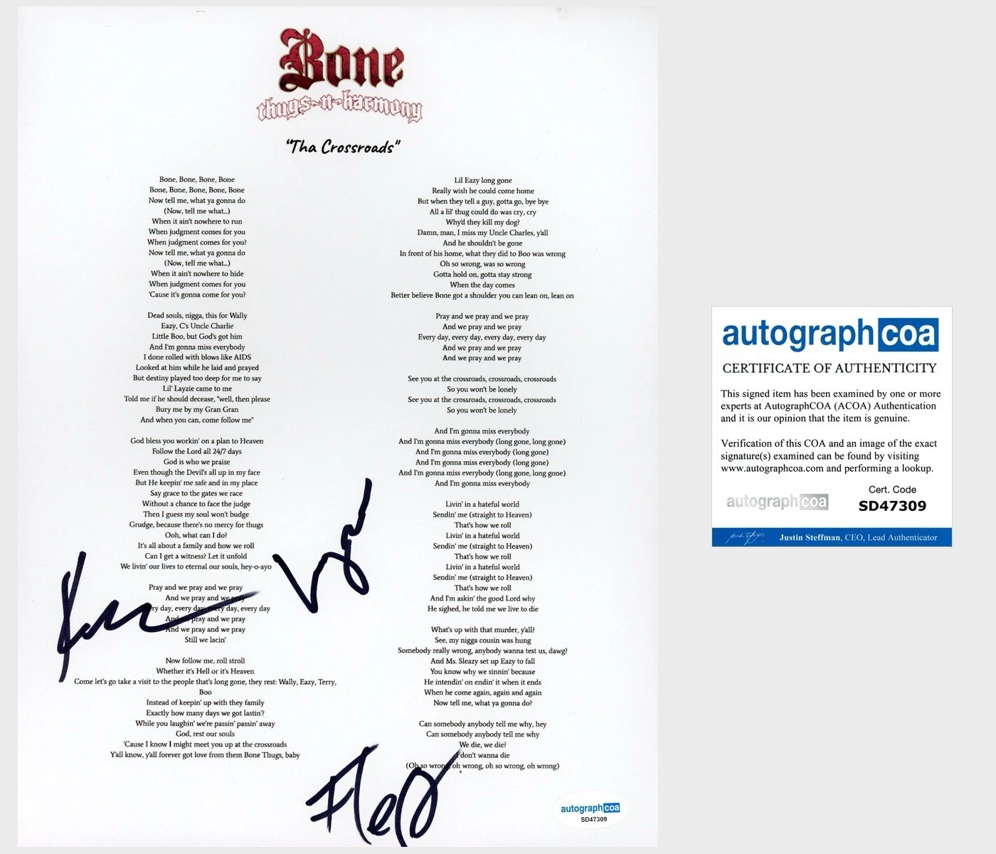‘BONE THUGS N HARMONY’ SIGNED LYRIC SHEET ‘KRAYZIE, LAYZIE, & FLESH’ ACOA RAP COLLECTIBLE MEMORABILIA