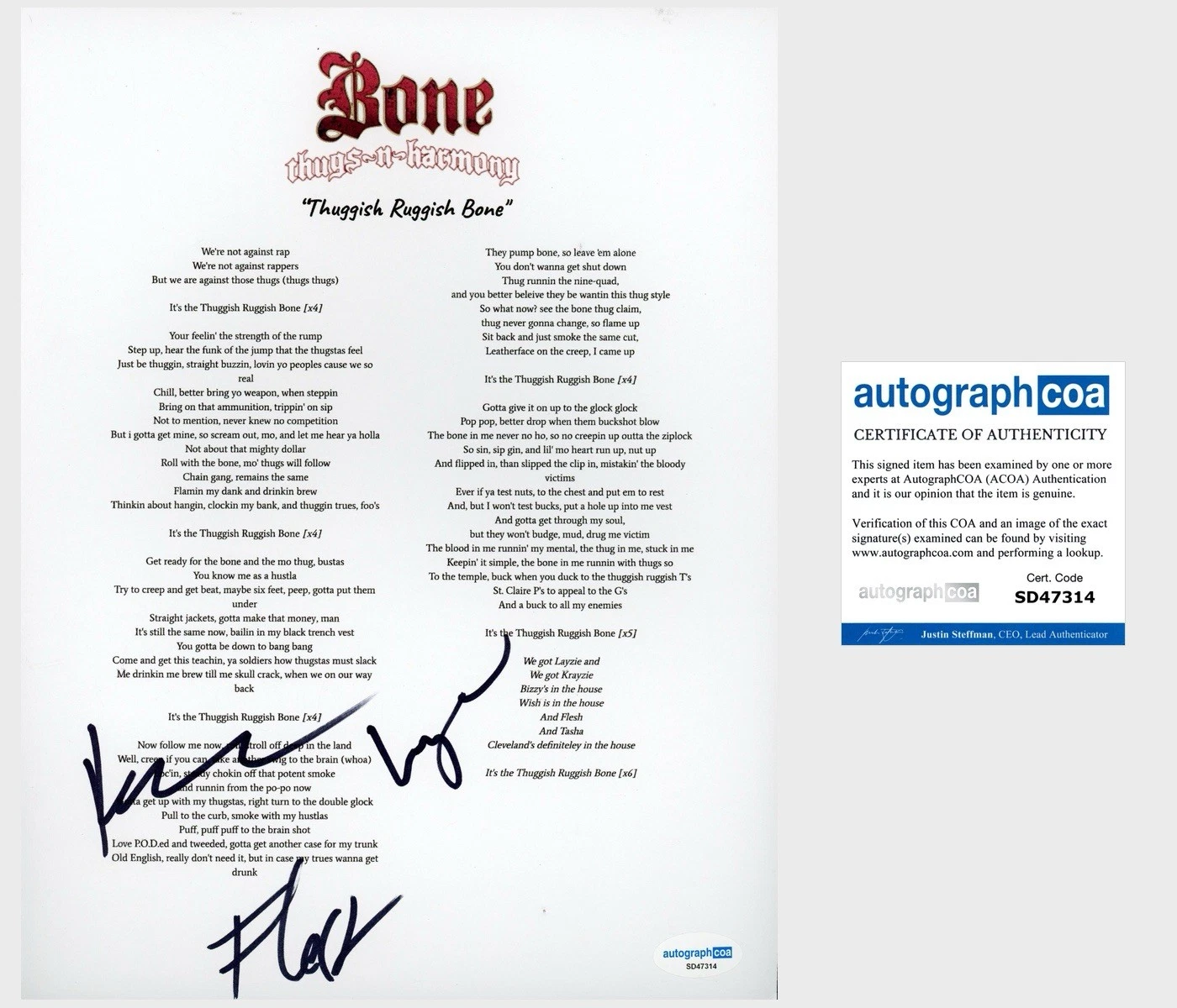 ‘BONE THUGS N HARMONY’ SIGNED LYRIC SHEET ‘KRAYZIE, LAYZIE, & FLESH’ ACOA RAP COLLECTIBLE MEMORABILIA