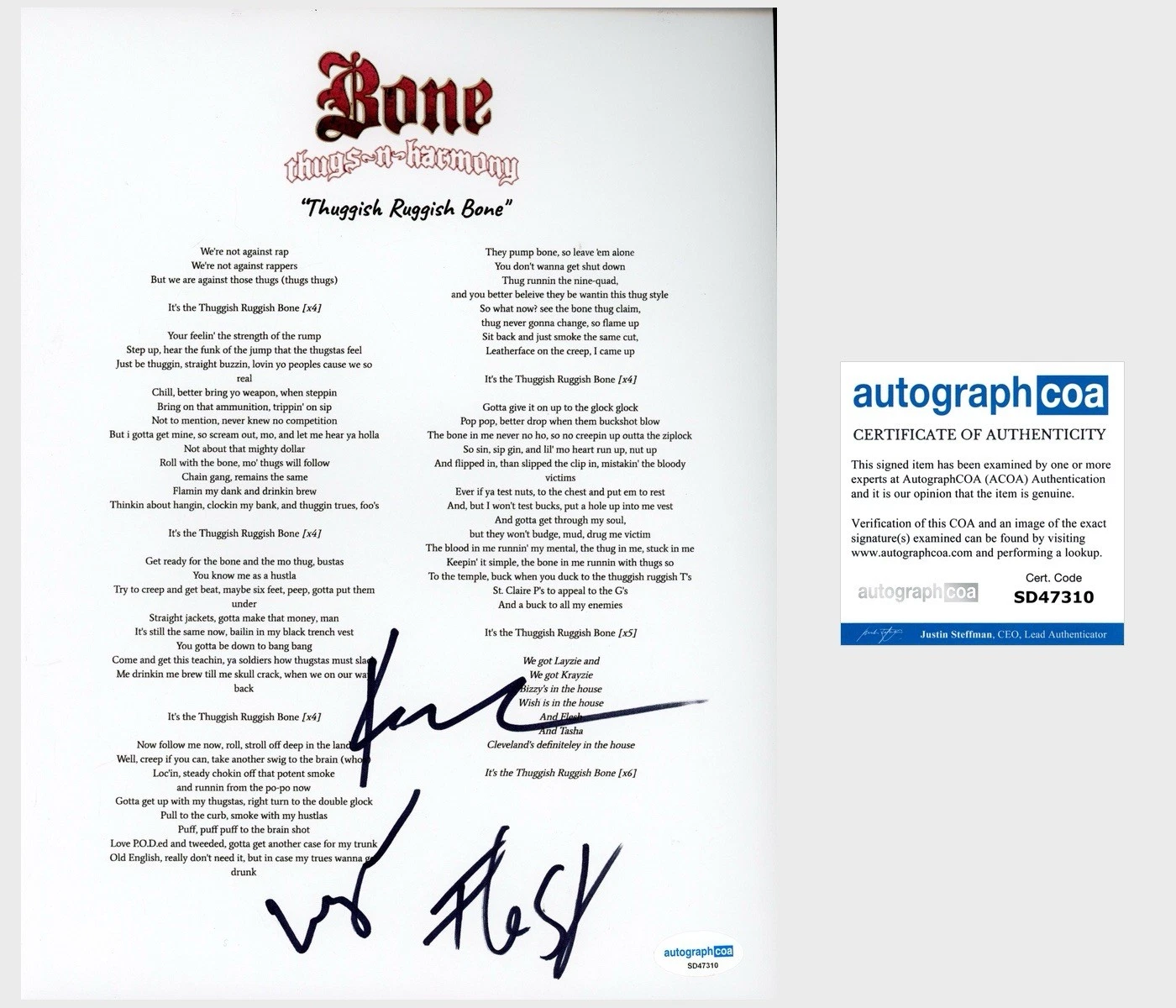 ‘BONE THUGS N HARMONY’ SIGNED LYRIC SHEET ‘KRAYZIE, LAYZIE, & FLESH’ ACOA RAP COLLECTIBLE MEMORABILIA