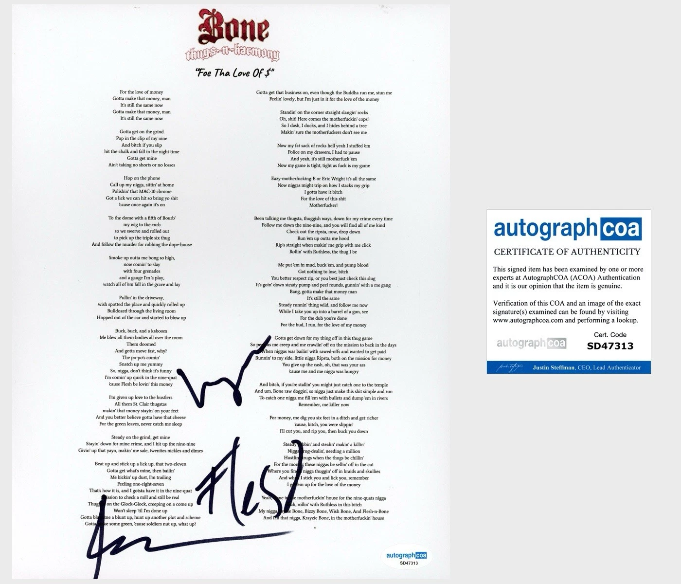 ‘BONE THUGS N HARMONY’ SIGNED LYRIC SHEET ‘KRAYZIE, LAYZIE, & FLESH’ ACOA RAP COLLECTIBLE MEMORABILIA