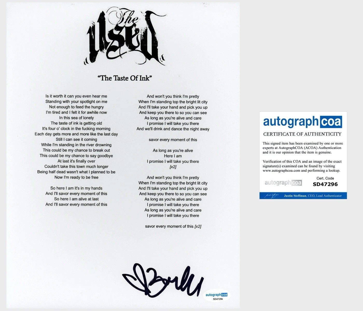 Bert McCracken ‘The Used’ Band Signed ‘The Taste Of Ink’ Lyric Sheet ACOA
