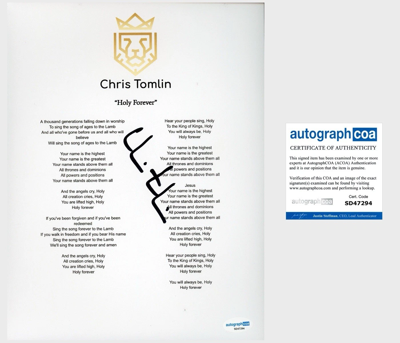 ‘CHRIS TOMLIN’ SIGNED LYRIC SHEET CHRISTIAN MUSIC ARTIST ‘HOLY FOREVER’ ACOA COLLECTIBLE MEMORABILIA