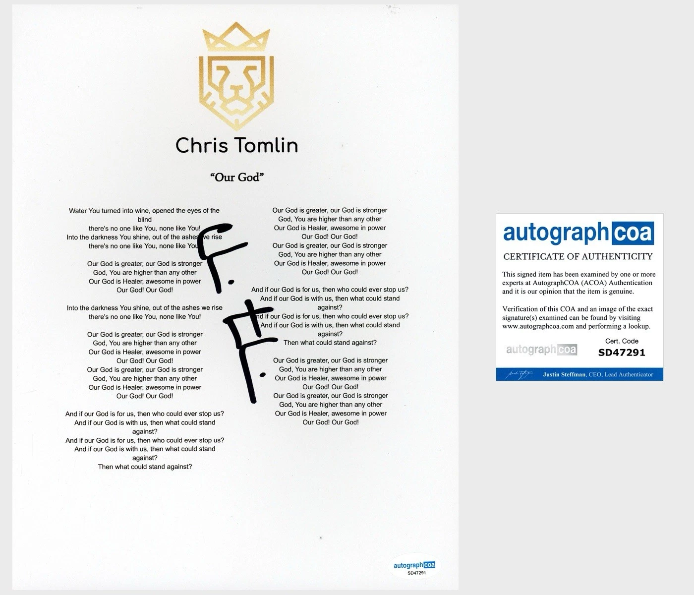 ‘CHRIS TOMLIN’ SIGNED LYRIC SHEET CHRISTIAN MUSIC ARTIST ‘OUR GOD’ ACOA COLLECTIBLE MEMORABILIA