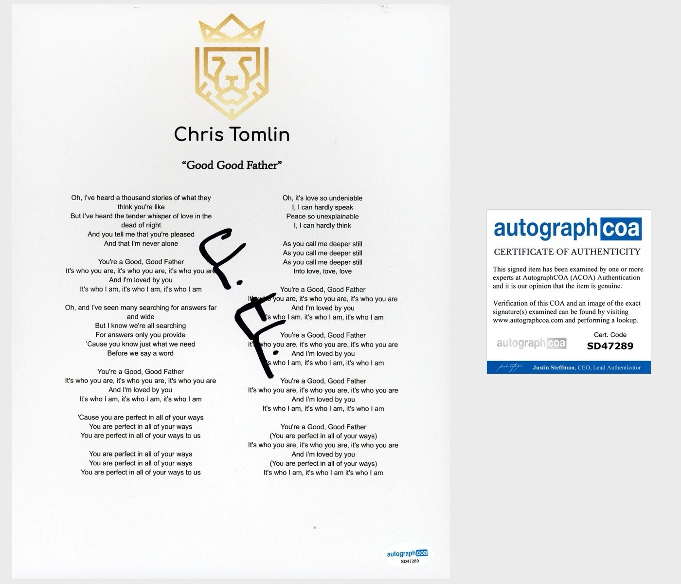 ‘CHRIS TOMLIN’ SIGNED LYRIC SHEET CHRISTIAN MUSIC ARTIST ‘GOOD GOOD FATHER’ ACOA COLLECTIBLE MEMORABILIA