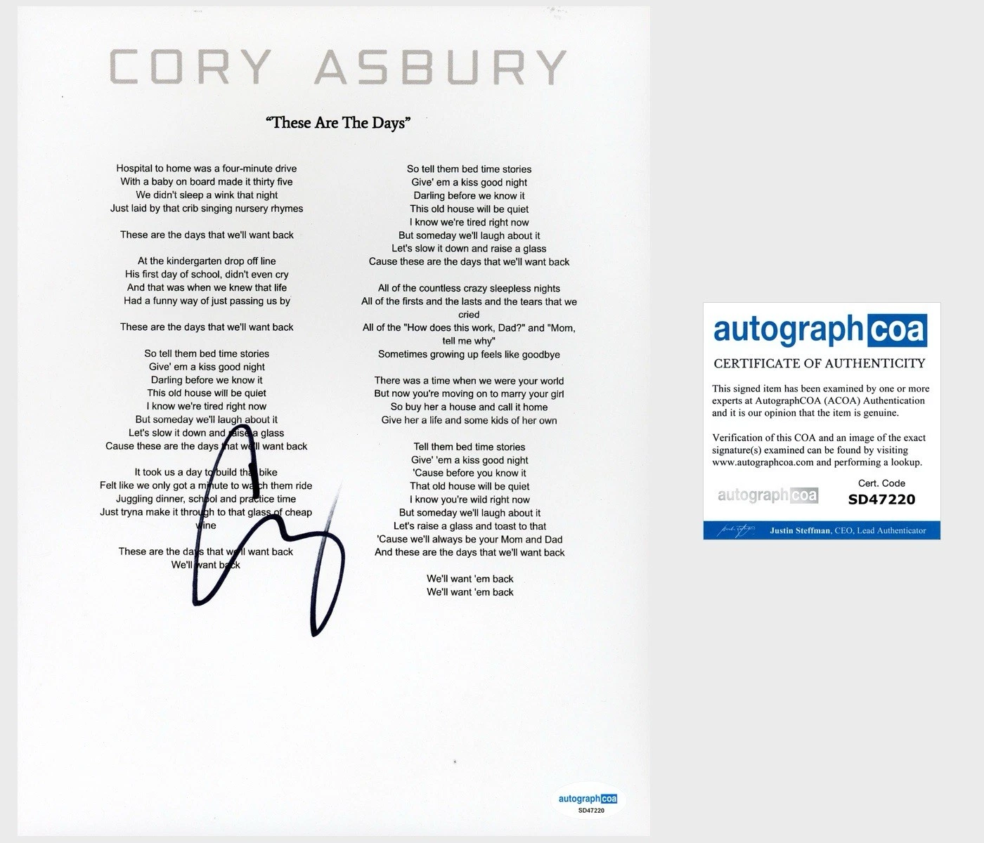 Cory Asbury ‘These Are The Days’ Signed Lyric Sheet Christian Music ACOA