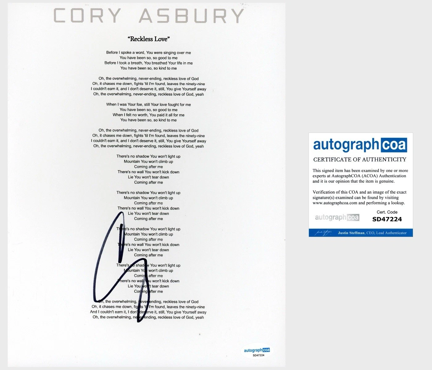 Cory Asbury ‘Reckless Love’ Signed Lyric Sheet Christian Music ACOA
