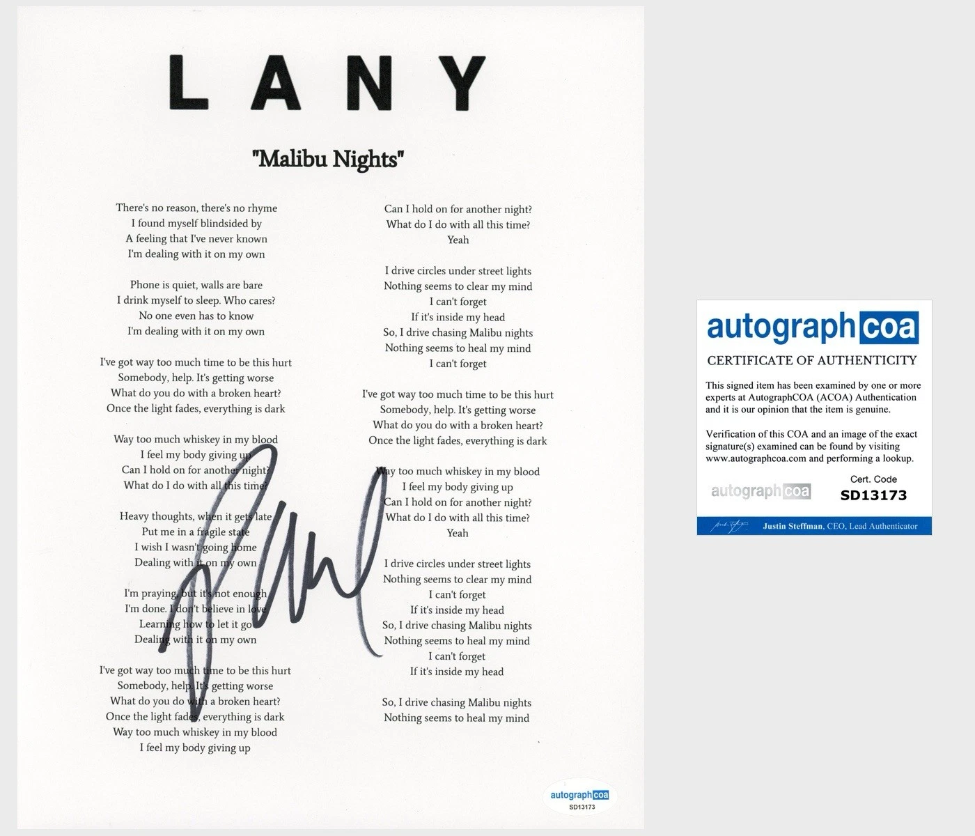 PAUL KLEIN ‘LANY’ SIGNED LYRIC SHEET POP BAND LEAD SINGER ‘MALIBU NIGHTS’ ACOA COLLECTIBLE MEMORABILIA