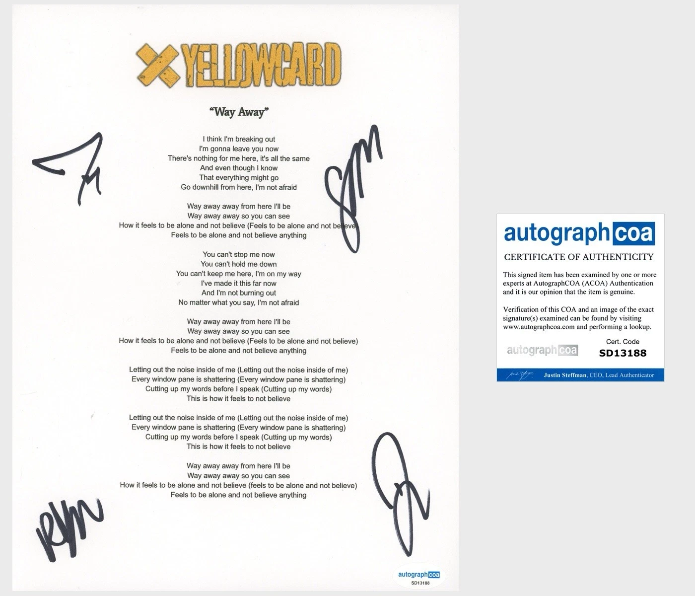 ‘YELLOWCARD’ FULL BAND SIGNED LYRIC SHEET ‘WAY AWAY’ RYAN KEY +3 ACOA COLLECTIBLE MEMORABILIA