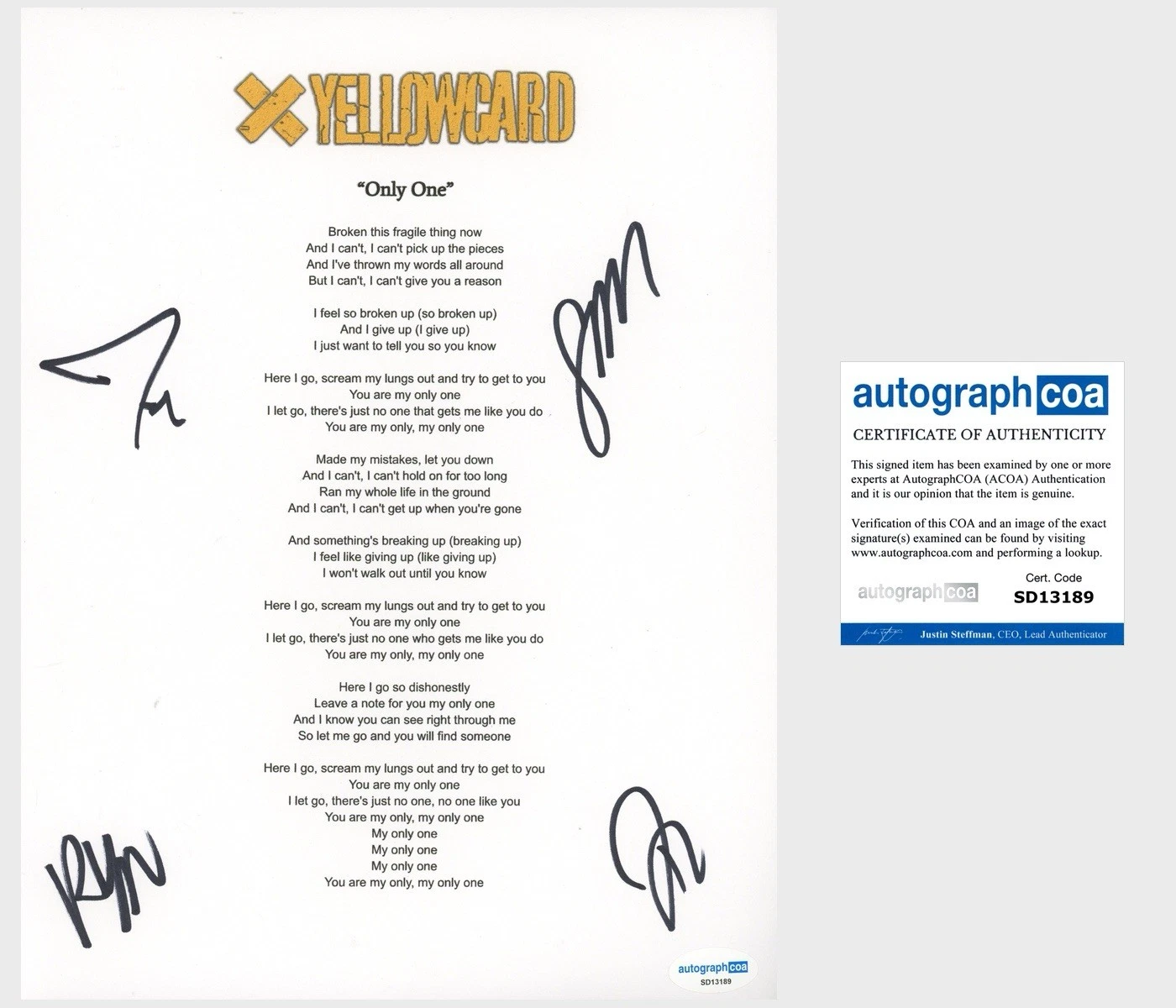 ‘Yellowcard’ Full Band Signed Lyric Sheet ‘Only One’ Ryan Key +3 ACOA