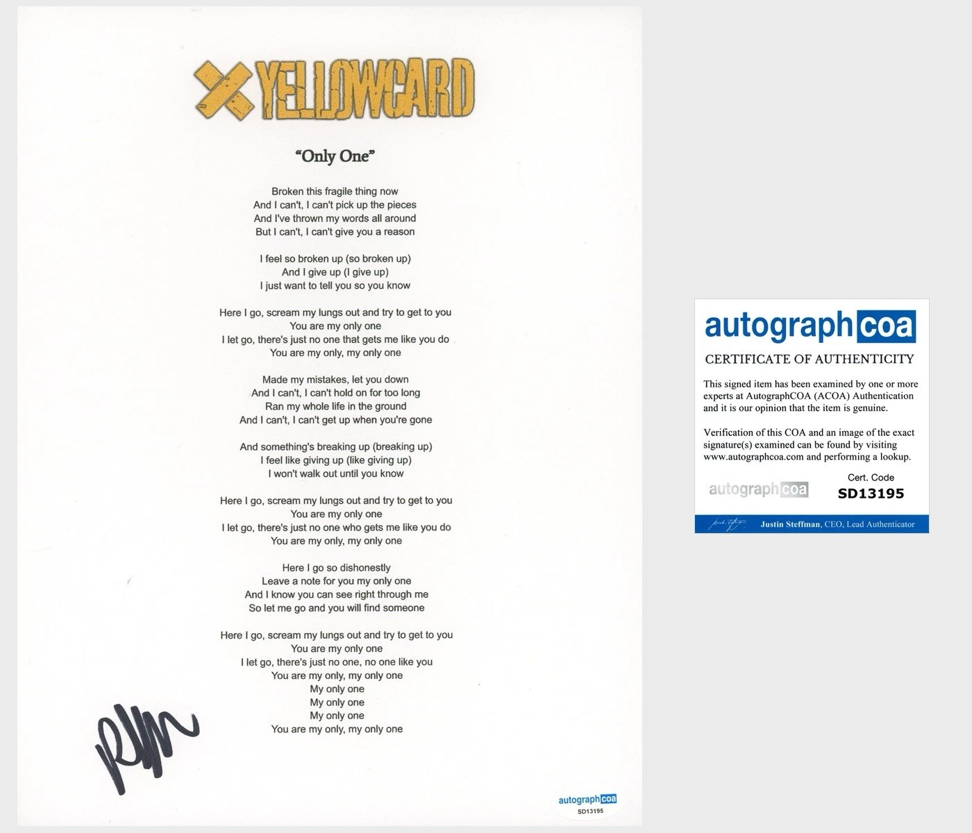 ‘Ryan Key’ Signed Lyric Sheet ‘Yellowcard’ Lead Singer ‘Only One’ ACOA