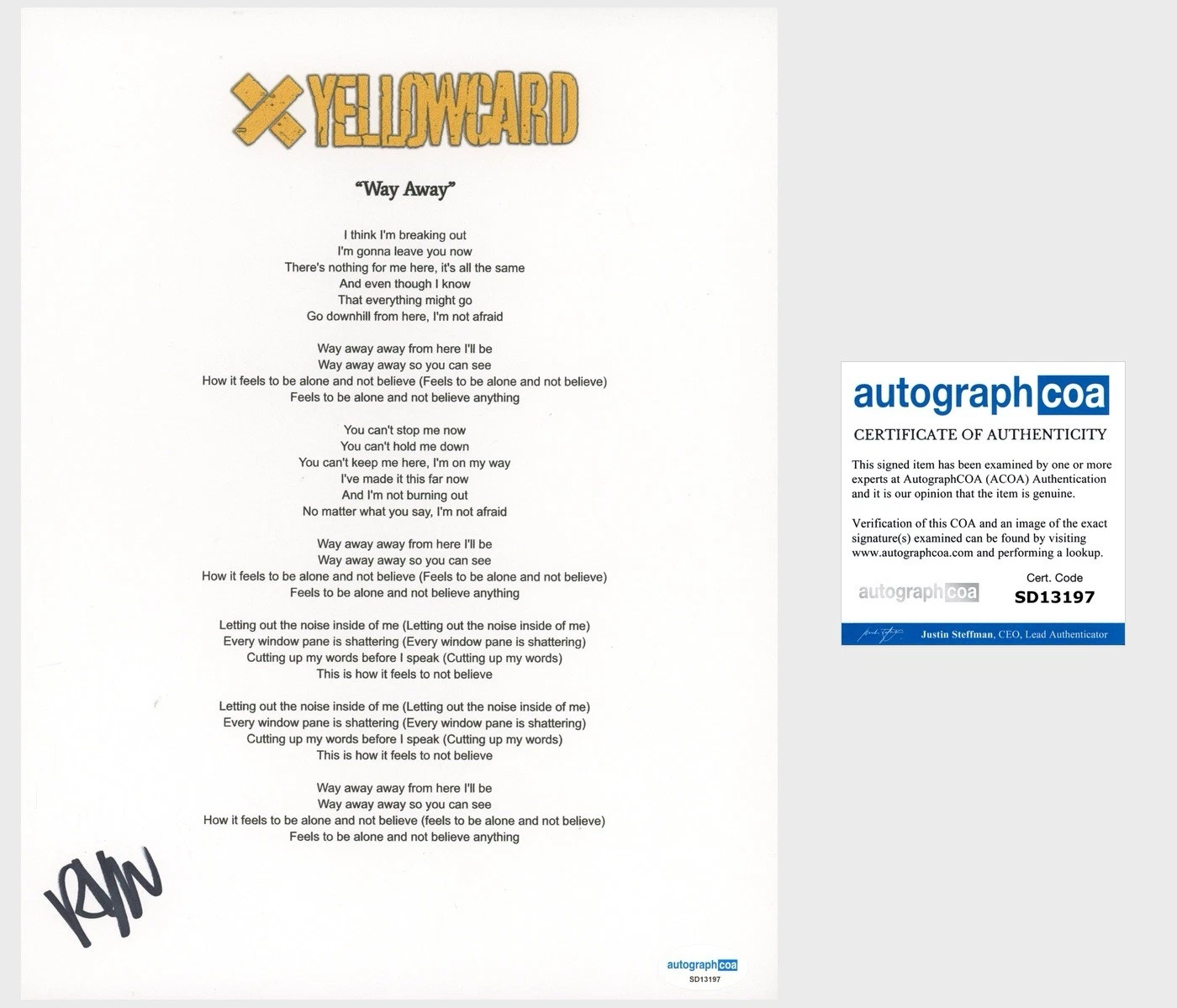 ‘RYAN KEY’ SIGNED LYRIC SHEET ‘YELLOWCARD’ LEAD SINGER ‘WAY AWAY’ ACOA COLLECTIBLE MEMORABILIA