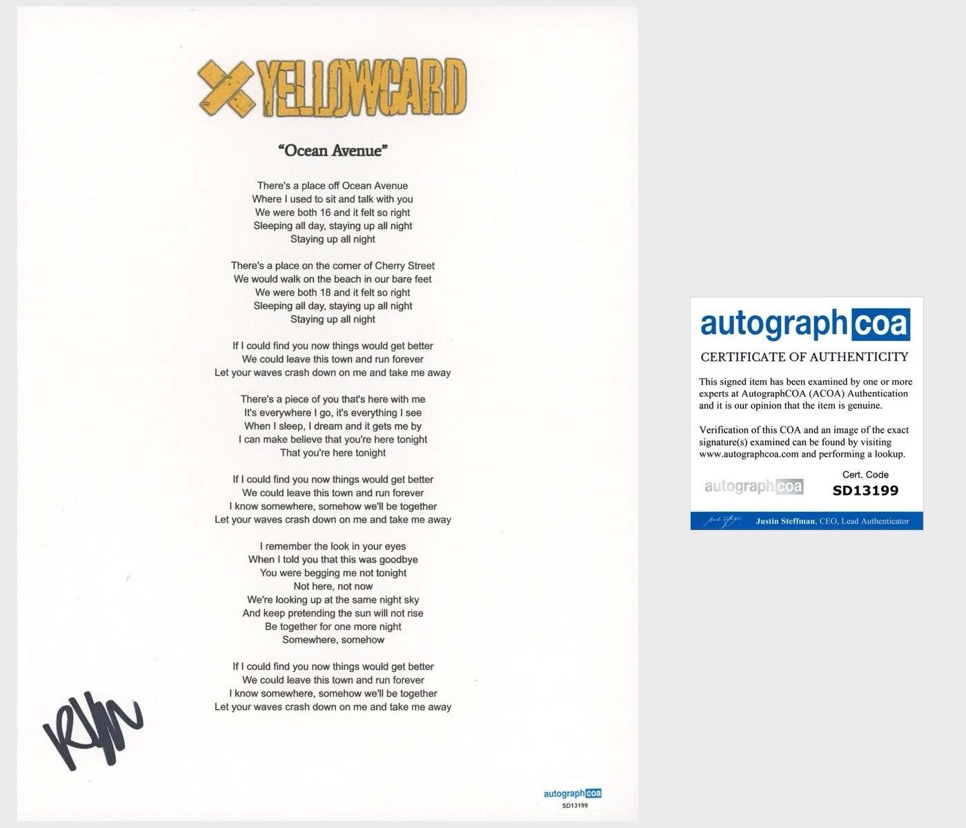 ‘Ryan Key’ Signed Lyric Sheet ‘Yellowcard’ Lead Singer ‘Ocean Avenue’ ACOA