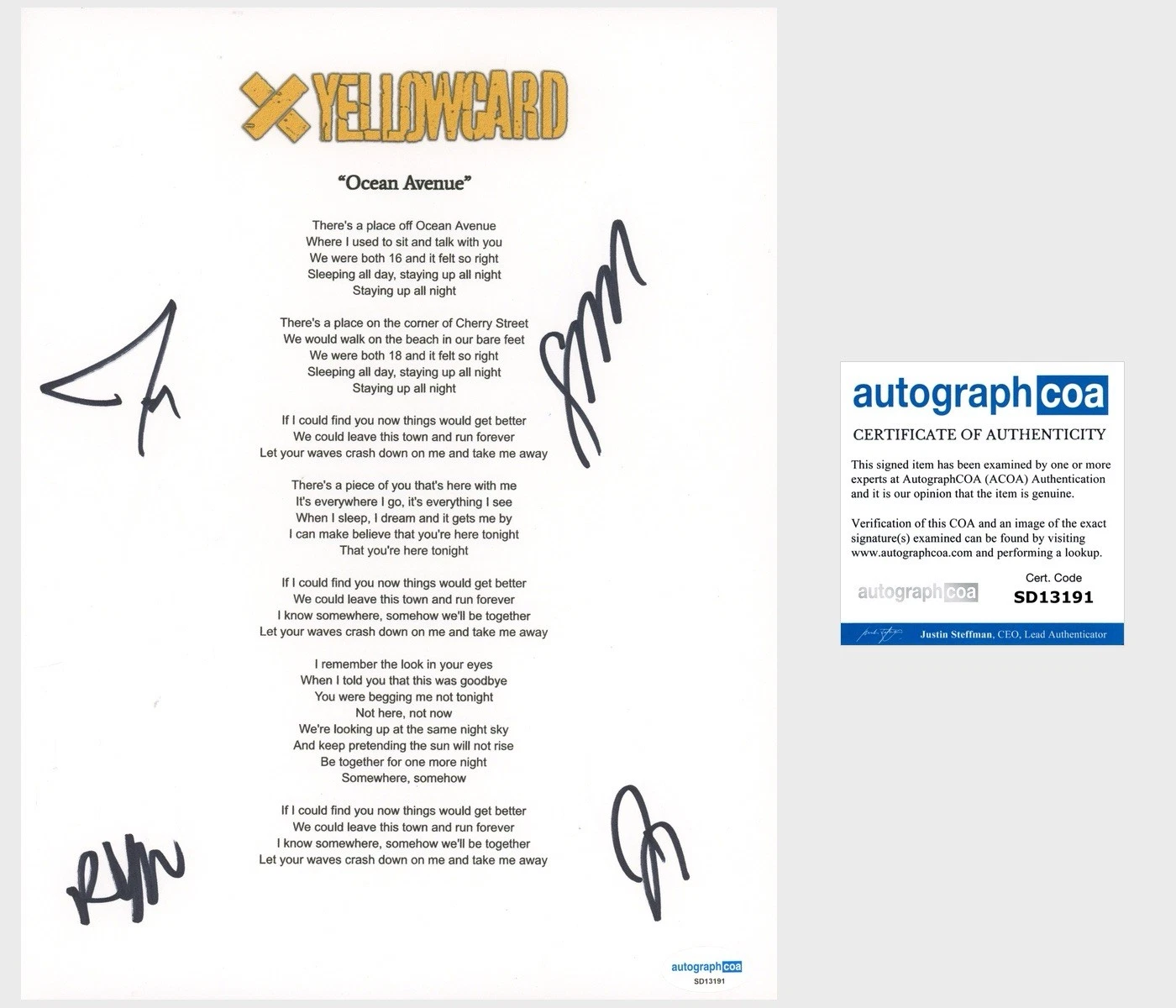 ‘Yellowcard’ Full Band Signed Lyric Sheet ‘Ocean Avenue’ Ryan Key +3 ACOA