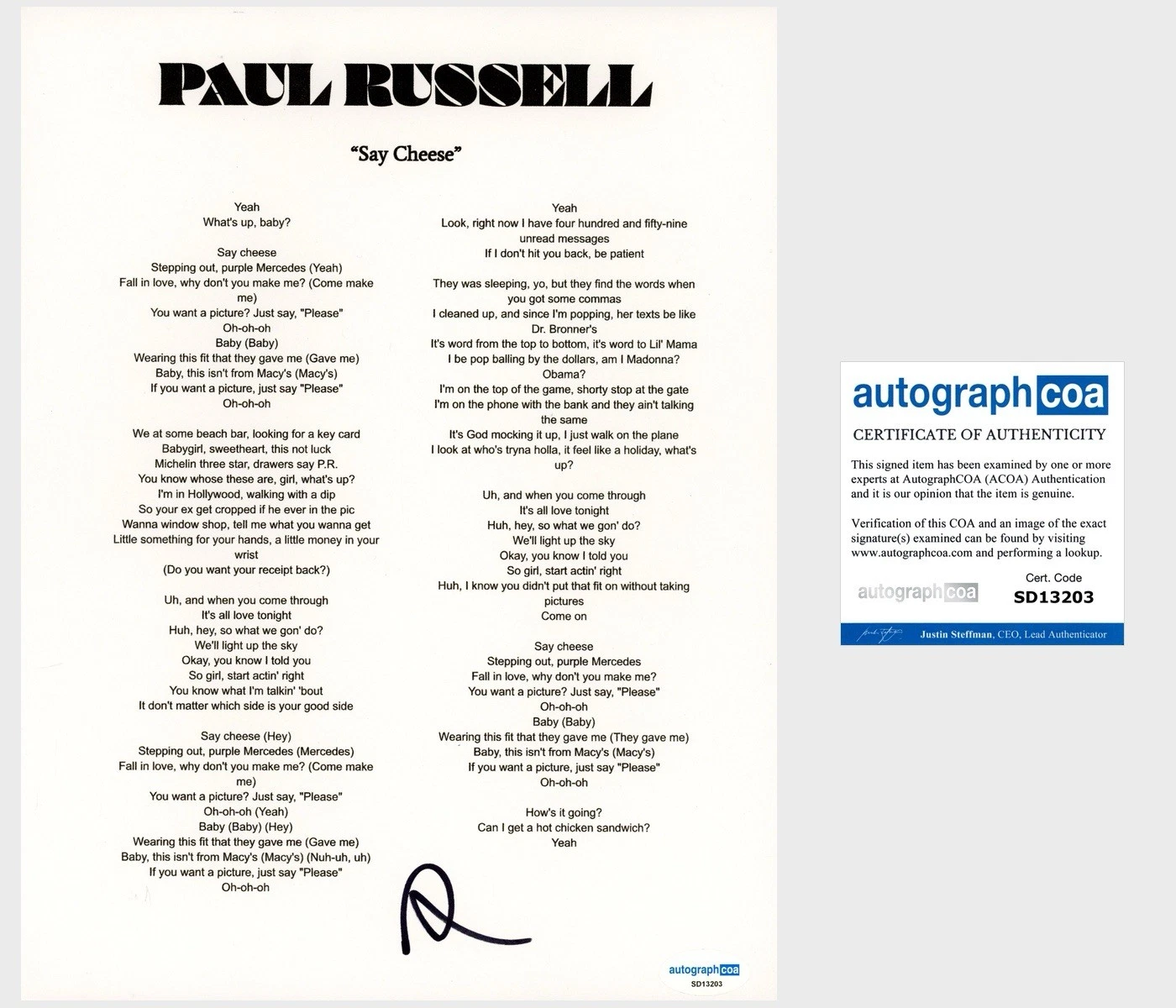 ‘PAUL RUSSELL’ SIGNED LYRIC SHEET ‘SAY CHEESE’ ACOA POP SINGER COLLECTIBLE MEMORABILIA