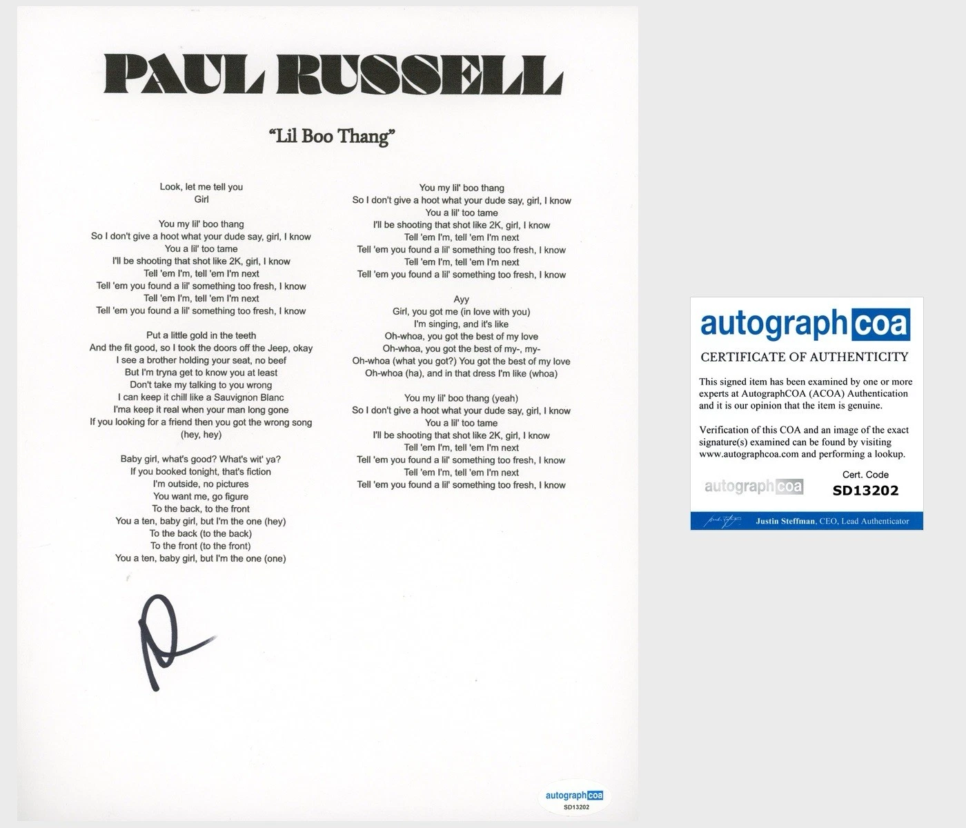 ‘PAUL RUSSELL’ SIGNED LYRIC SHEET ‘LIL BOO THANG’ ACOA POP SINGER COLLECTIBLE MEMORABILIA