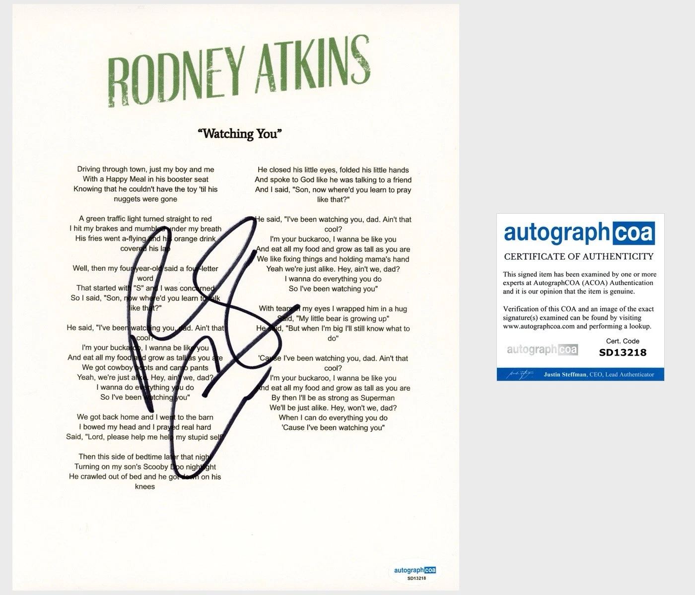 ‘RODNEY ATKINS’ SIGNED LYRIC SHEET ‘WATCHING YOU’ ACOA PROOF COLLECTIBLE MEMORABILIA
