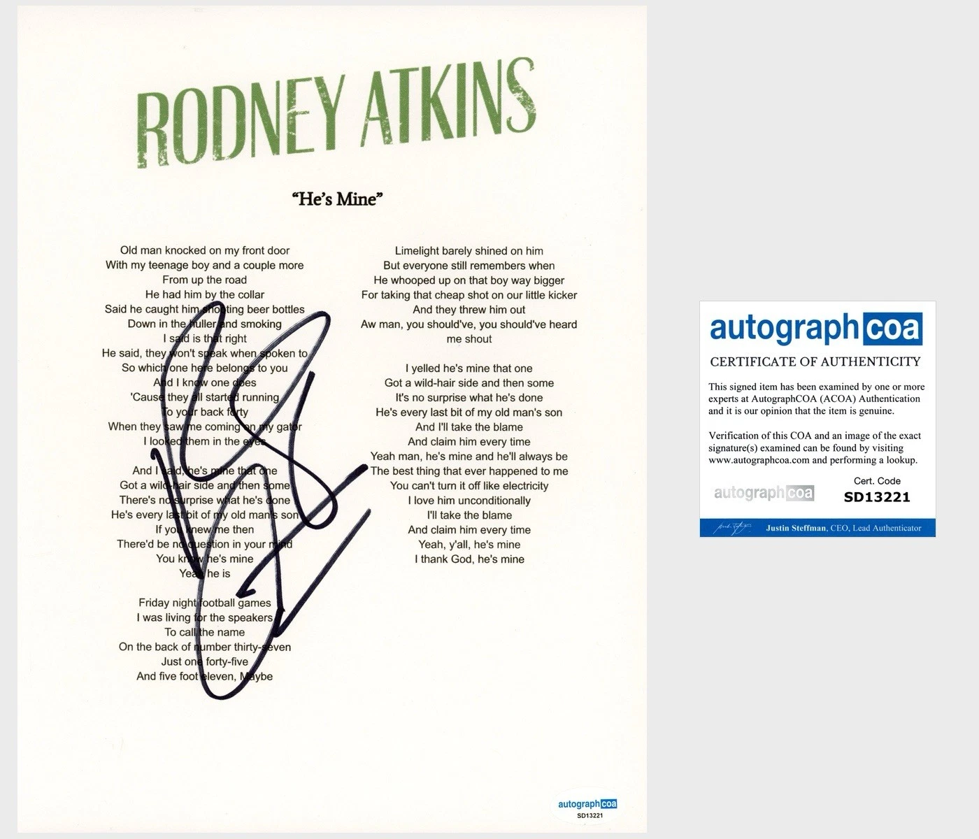 ‘RODNEY ATKINS’ SIGNED LYRIC SHEET ‘HE’S MINE’ ACOA PROOF COLLECTIBLE MEMORABILIA