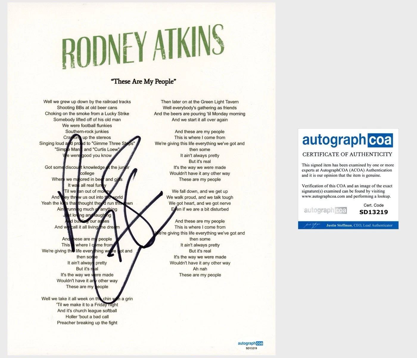 ‘Rodney Atkins’ Signed Lyric Sheet ‘These Are My People’ ACOA PROOF