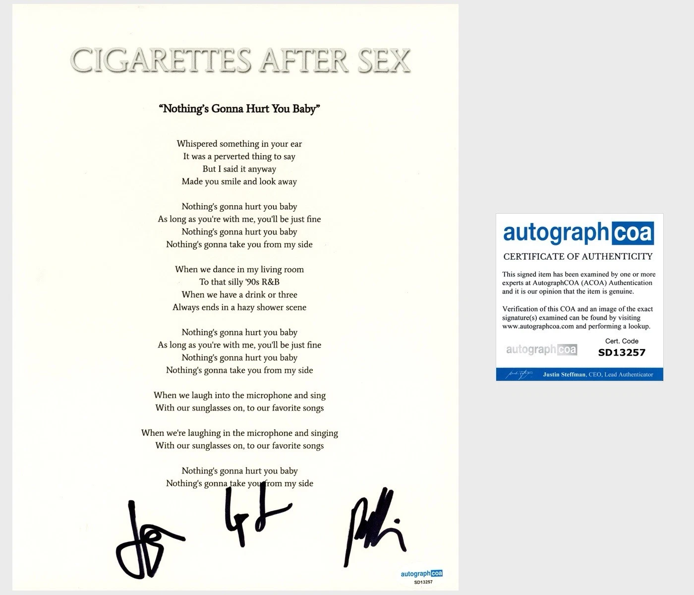 Cigarettes After Sex Band Signed Lyric Sheet ‘Nobody’s Gonna Hurt You Baby’ ACOA
