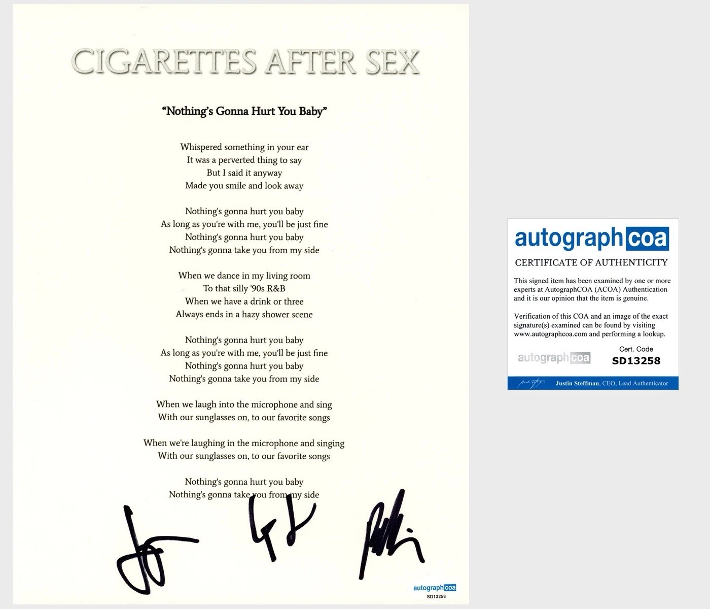 Cigarettes After Sex Band Signed Lyric Sheet ‘Nobody’s Gonna Hurt You Baby’ ACOA