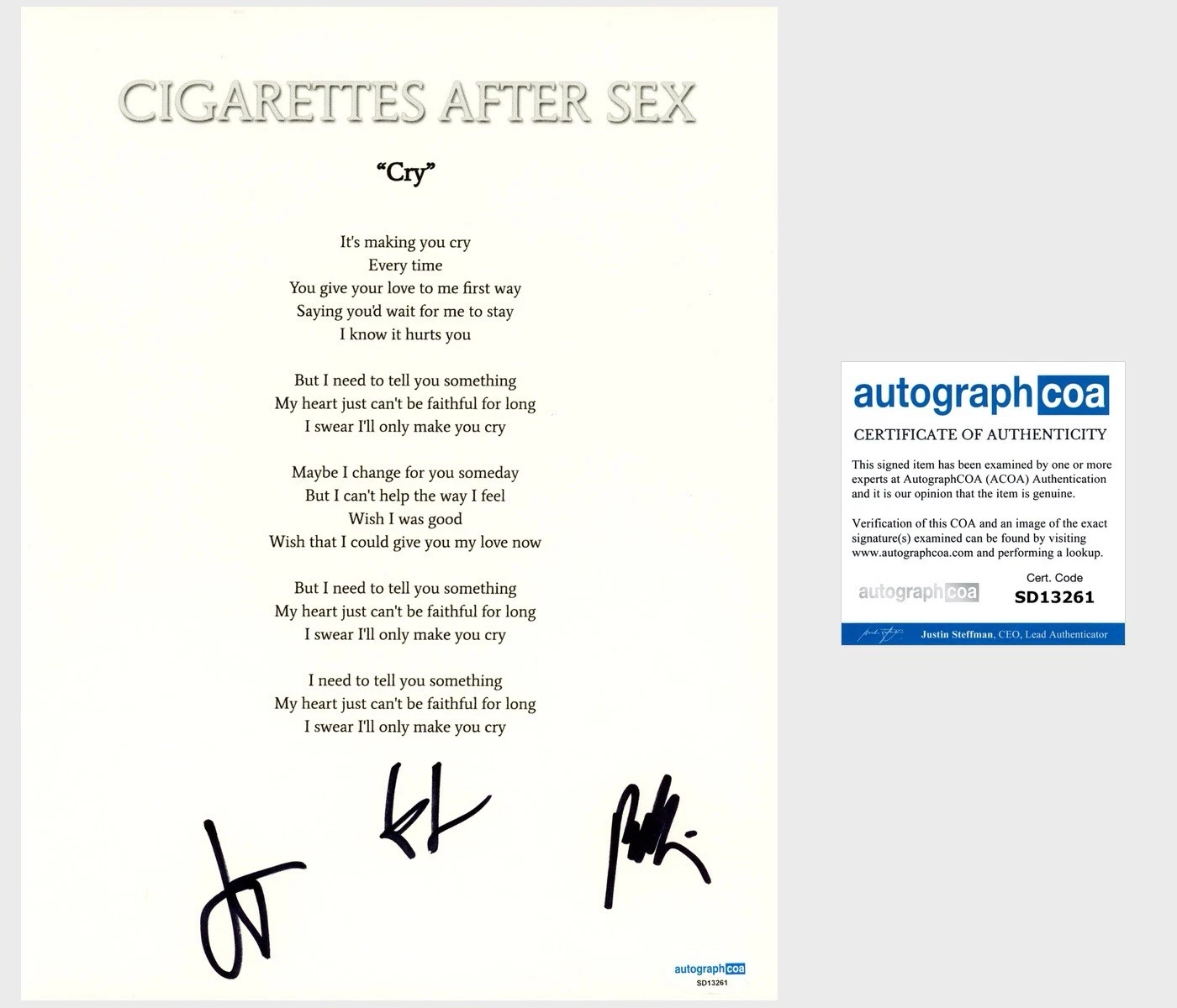 ‘CIGARETTES AFTER SEX’ BAND SIGNED LYRIC SHEET ‘CRY’ GREG GONZALEZ ACOA COLLECTIBLE MEMORABILIA