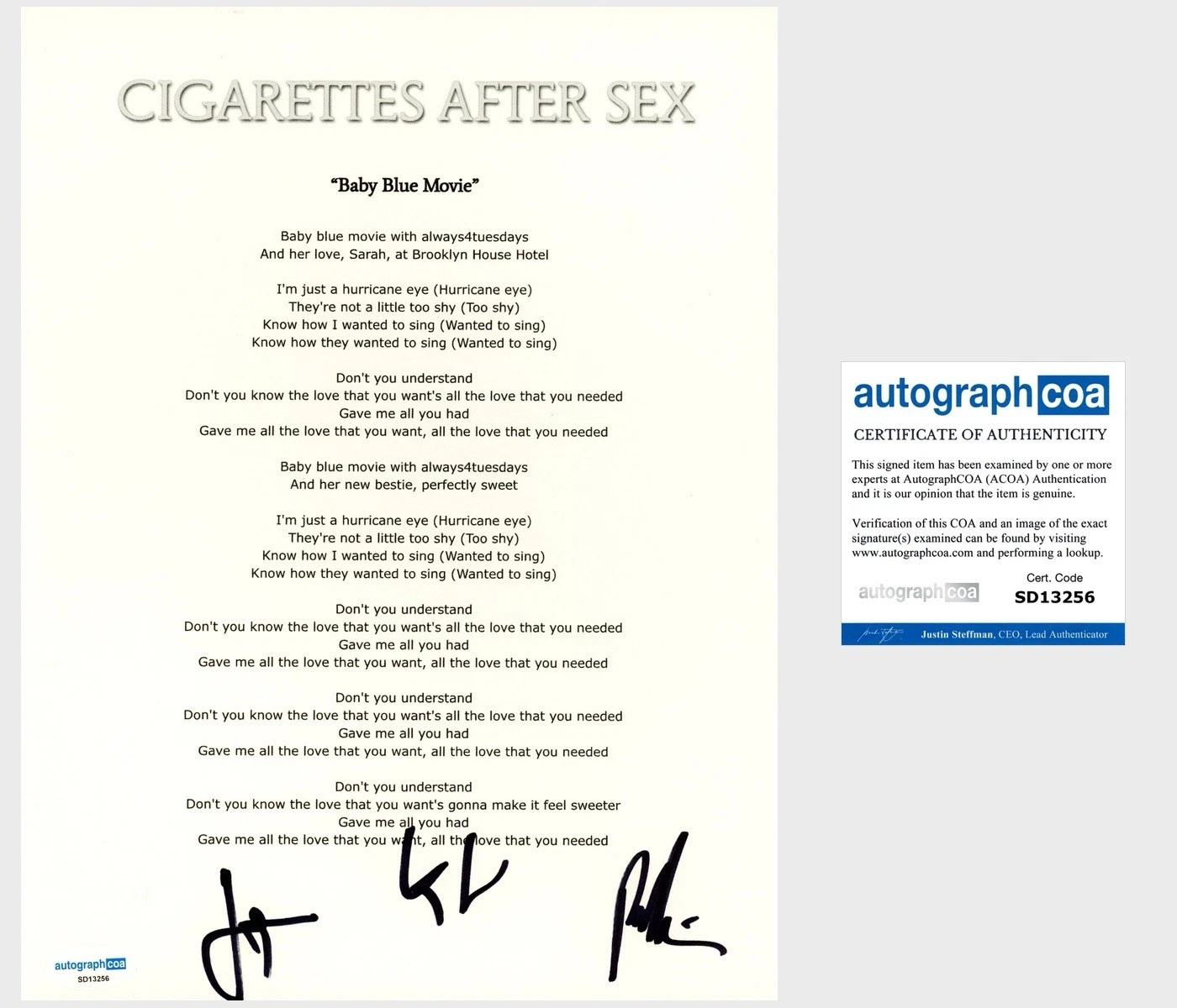 Cigarettes After Sex Band Signed Lyric Sheet Baby Blue Movie Greg Gonzalez ACOA