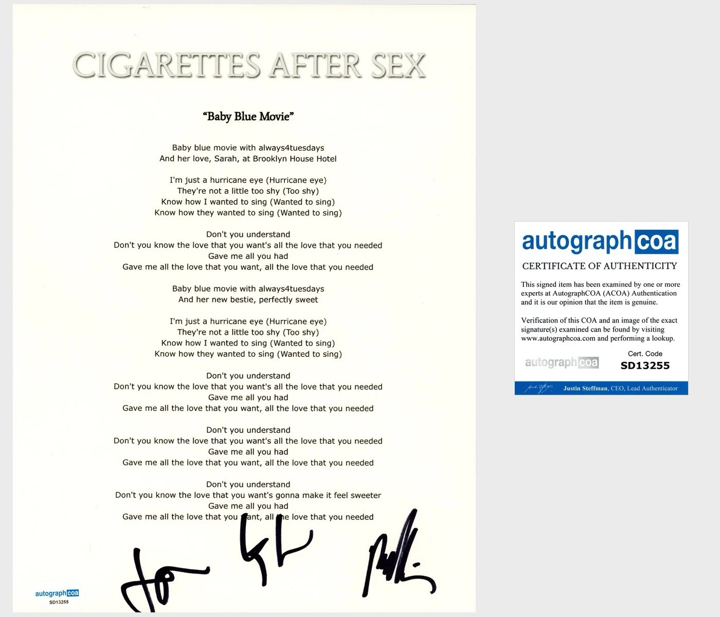 Cigarettes After Sex Band Signed Lyric Sheet Baby Blue Movie Greg Gonzalez ACOA