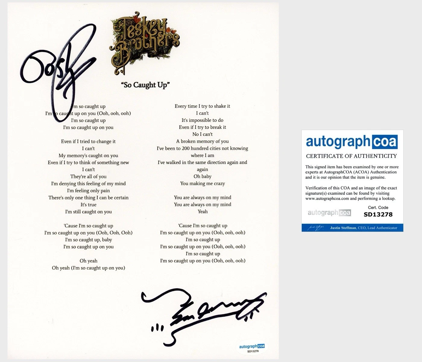 ‘The Teskey Brothers’ Band Duo Signed Lyric Sheet ‘So Caught Up’ ACOA PROOF
