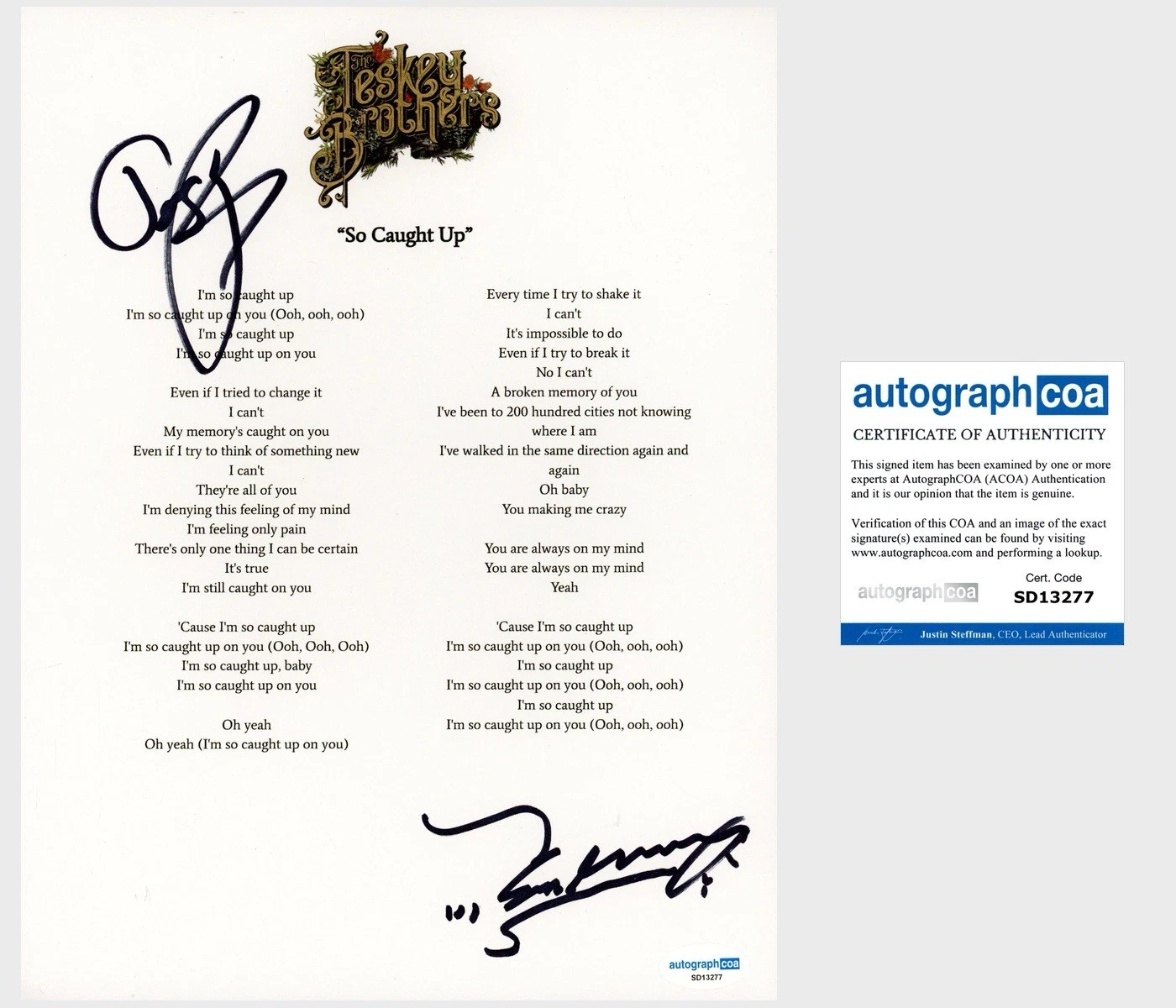‘The Teskey Brothers’ Band Duo Signed Lyric Sheet ‘So Caught Up’ ACOA PROOF