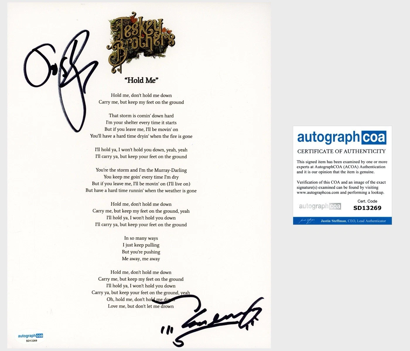 ‘The Teskey Brothers’ Band Duo Signed Lyric Sheet ‘Hold Me’ ACOA PROOF