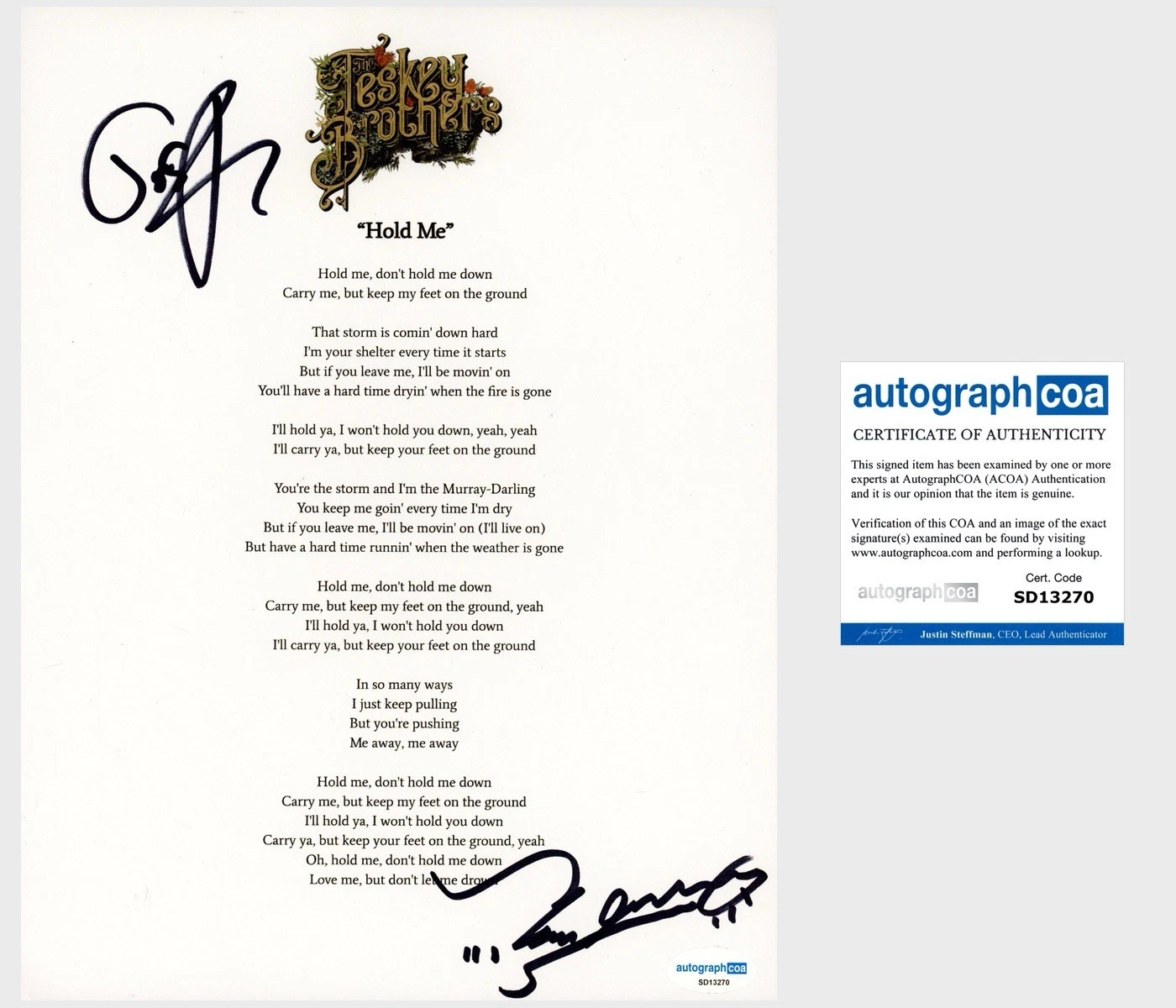 ‘The Teskey Brothers’ Band Duo Signed Lyric Sheet ‘Hold Me’ ACOA PROOF