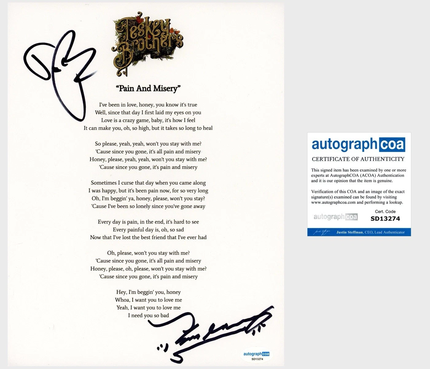 ‘The Teskey Brothers’ Band Duo Signed Lyric Sheet ‘Pain And Misery’ ACOA PROOF