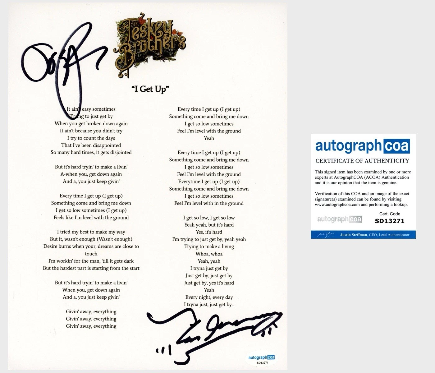 ‘The Teskey Brothers’ Band Duo Signed Lyric Sheet ‘I Get Up’ ACOA PROOF