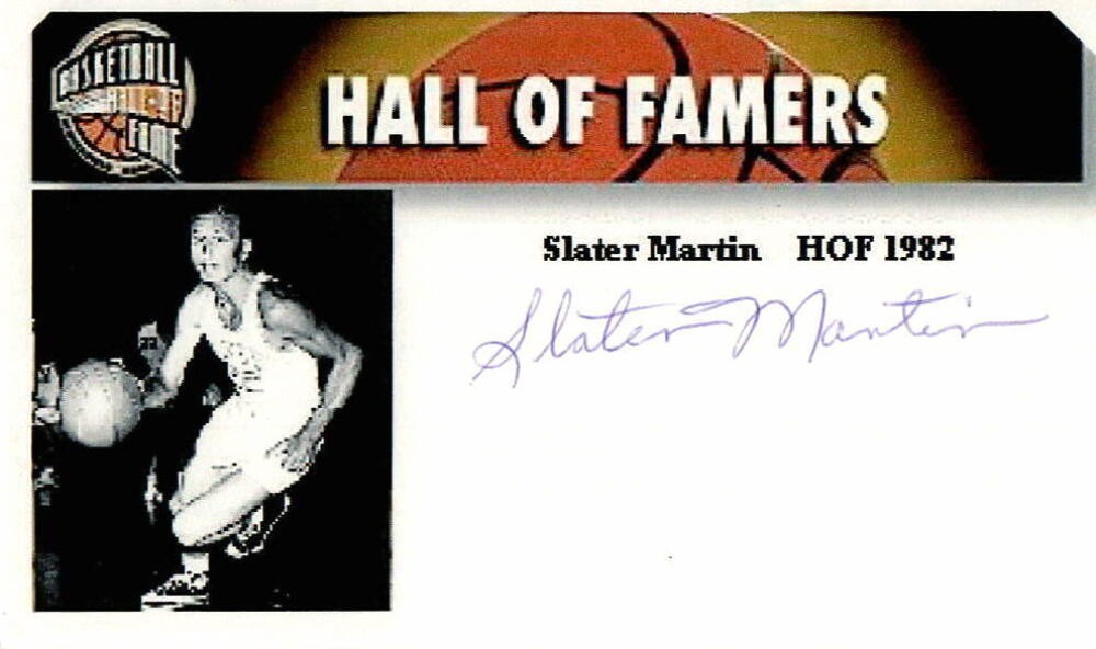SLATER MARTIN SIGNED AUTOGRAPH - CUSTOM INDEX CARD - HALL OF FAME, KNICKS LAKERS