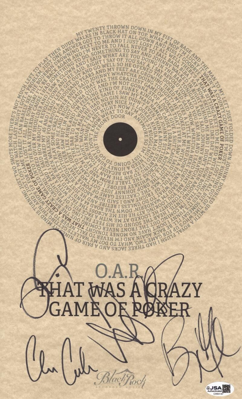 OAR Full Band x5 Signed Autograph That Was a Crazy Game of Poker Lyric Sheet JSA